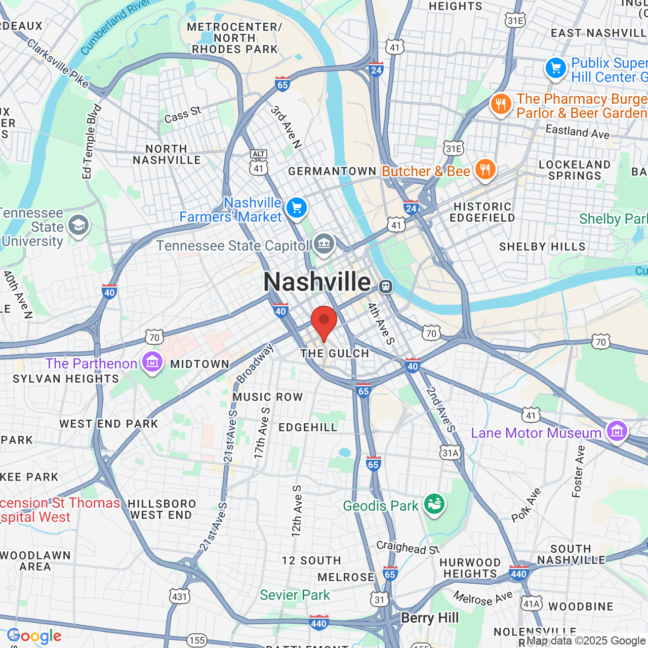 Google map image of our location in 224 11th Ave S Nashville, TN